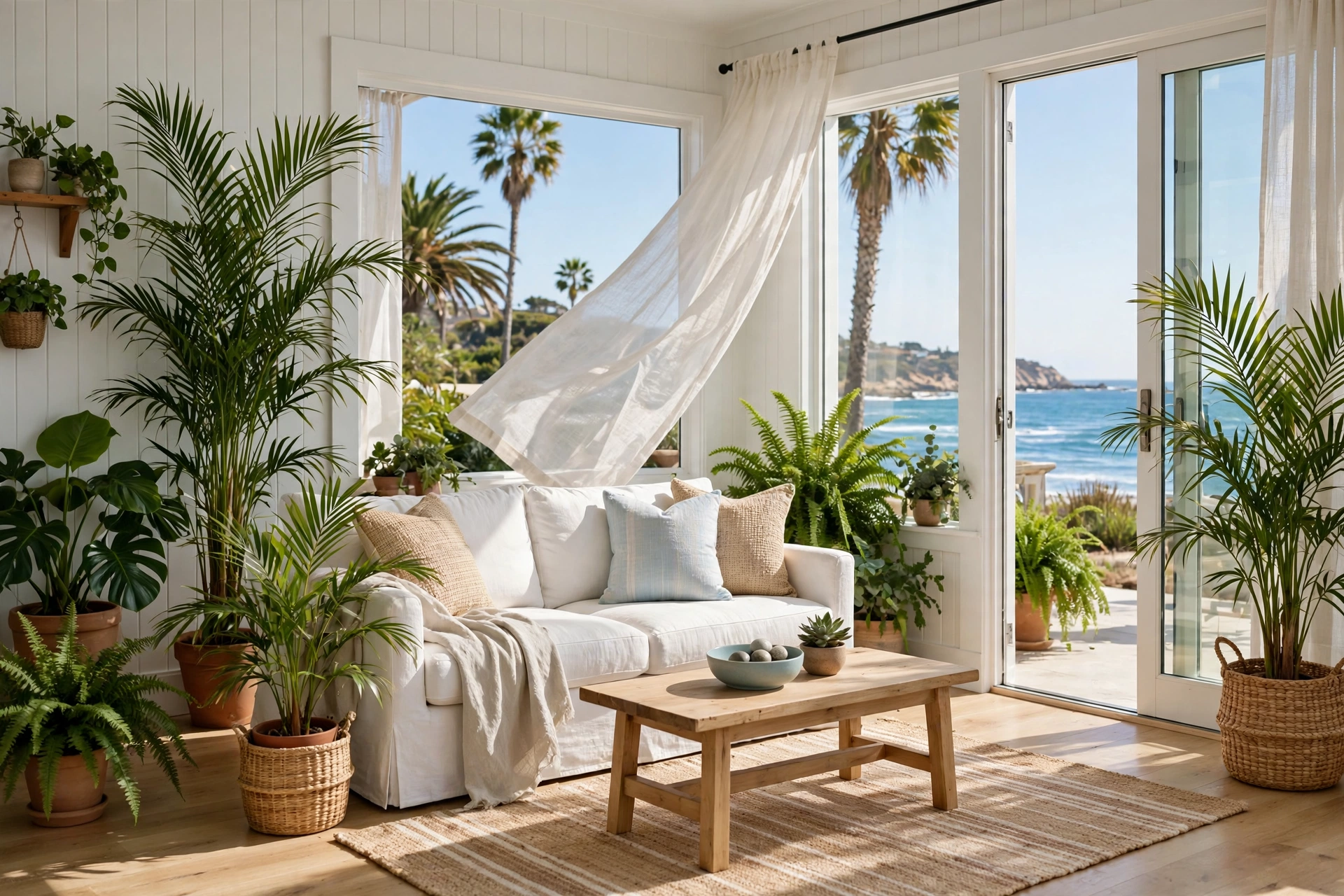Coastal living room design ideas with tall palm plants bringing the outdoors inside