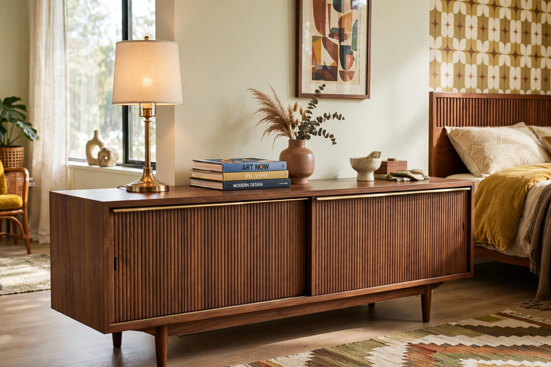 Long low mid-century modern credenza with sliding doors styled with lamp and art books