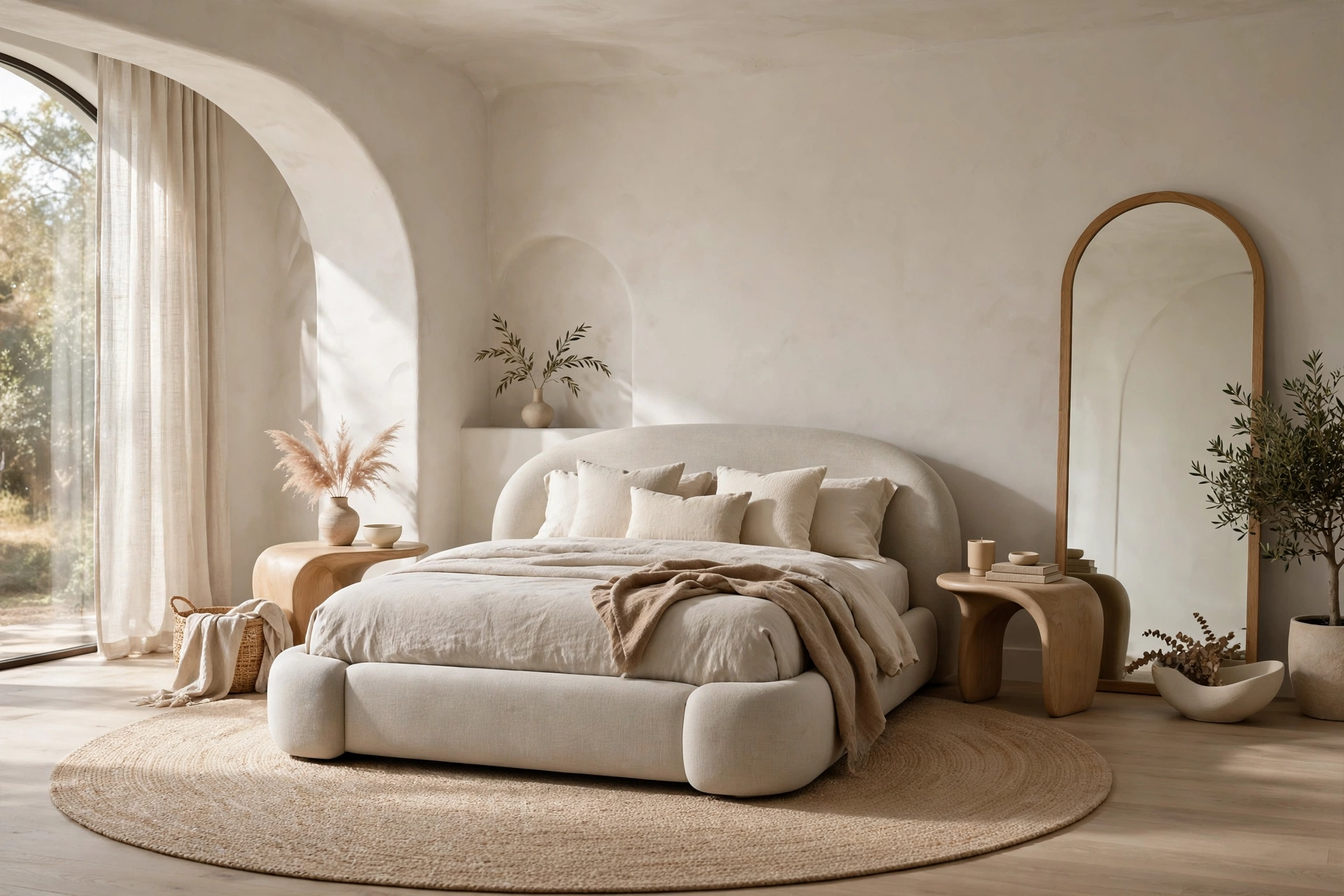 Contemporary bedroom with arched mirror, round rug and curved organic side tables