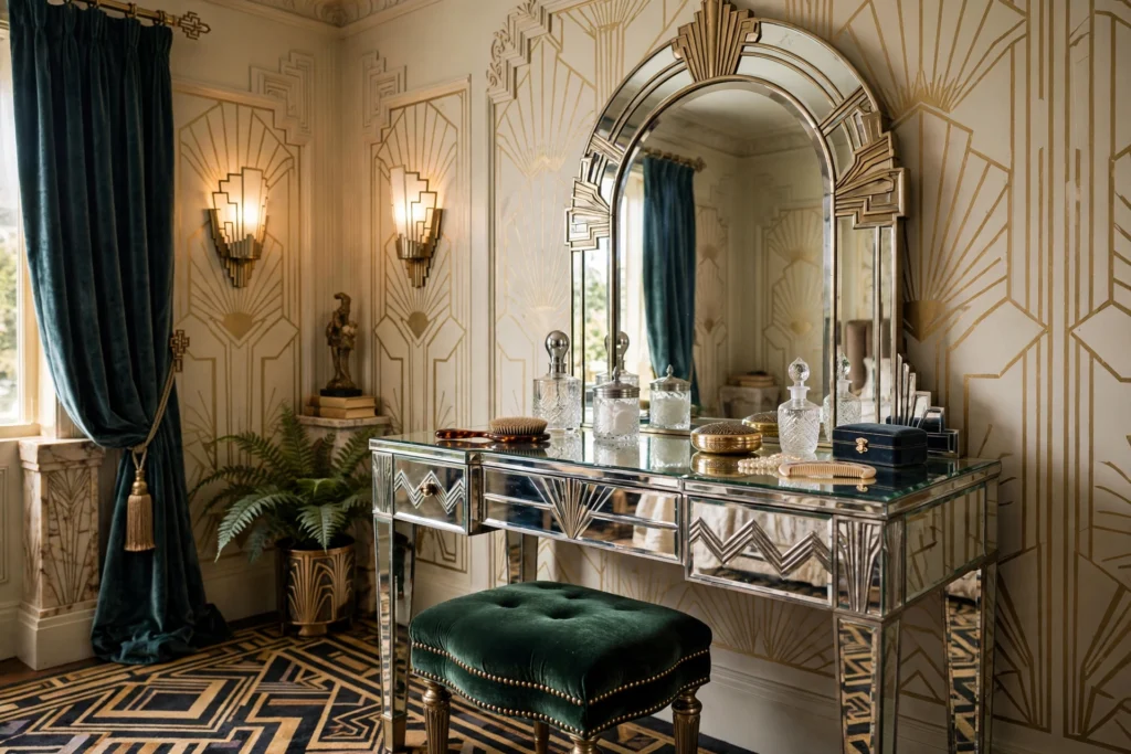 Art deco bedroom design ideas with a mirrored vanity, velvet stool and arched mirror