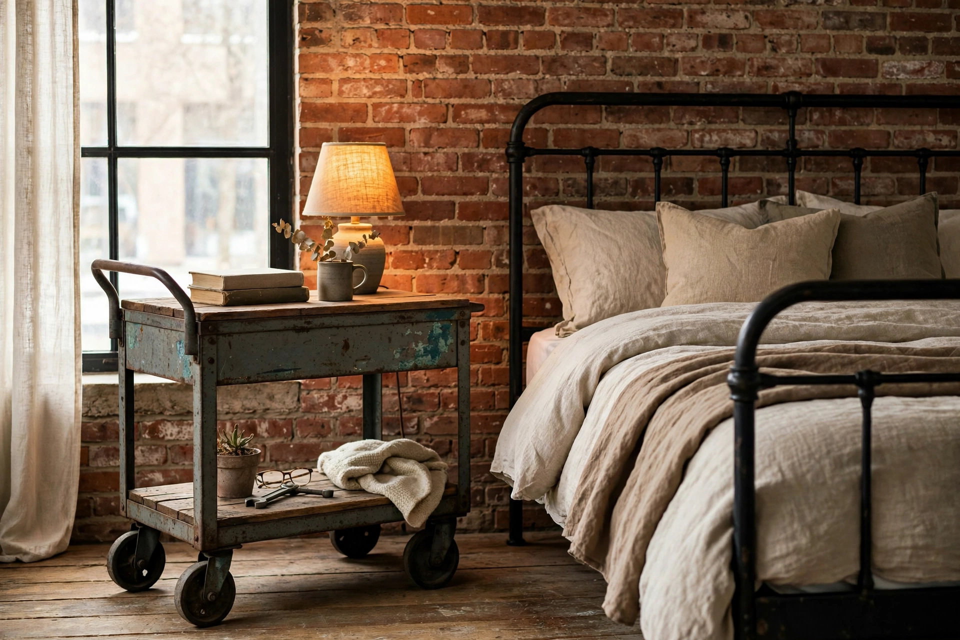 Vintage factory cart used as a nightstand beside an industrial metal bed