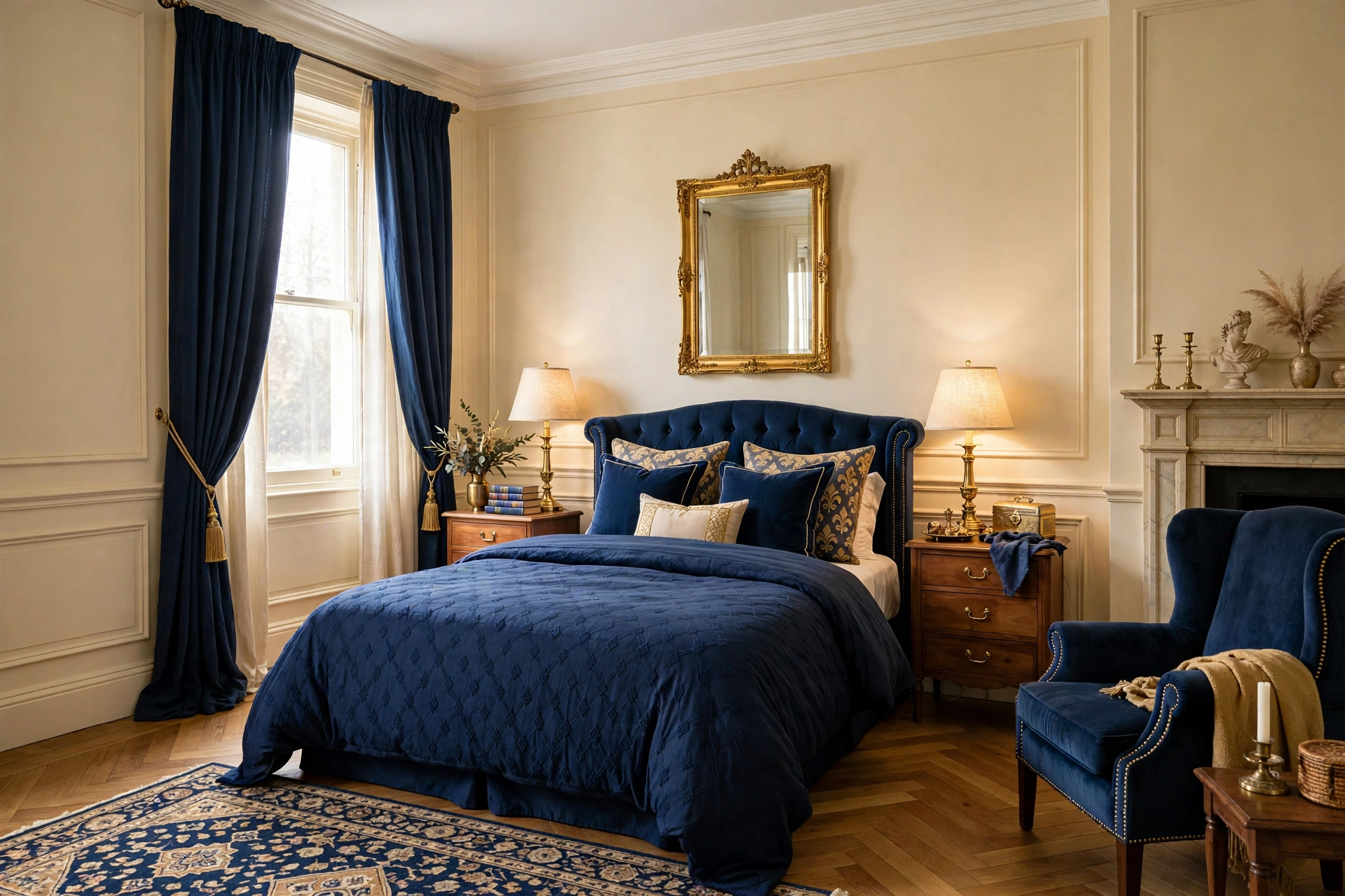 Traditional bedroom design ideas with warm cream walls, navy accents and gold details