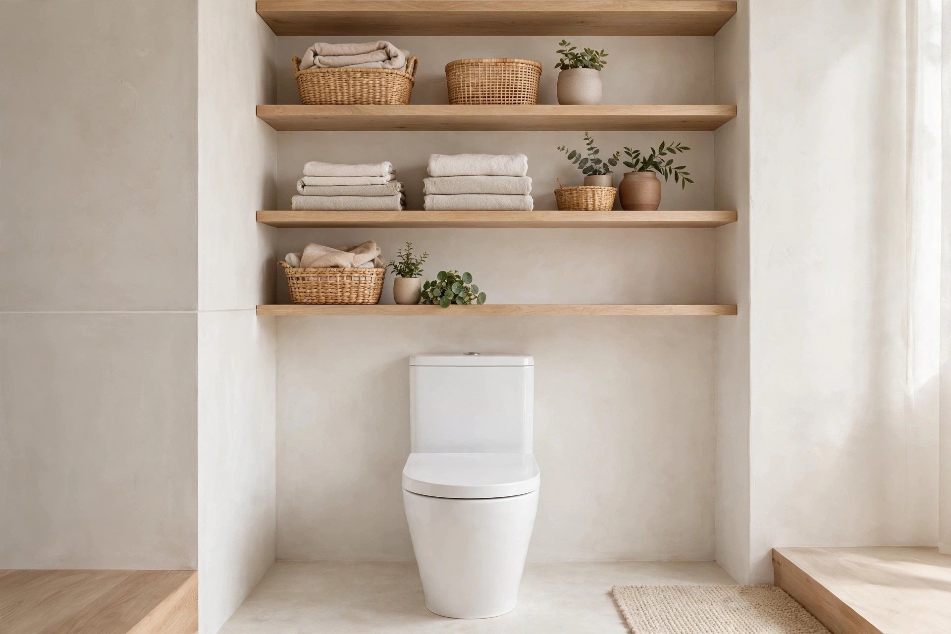 Scandinavian bathroom design ideas with light wood open shelves styled with folded towels