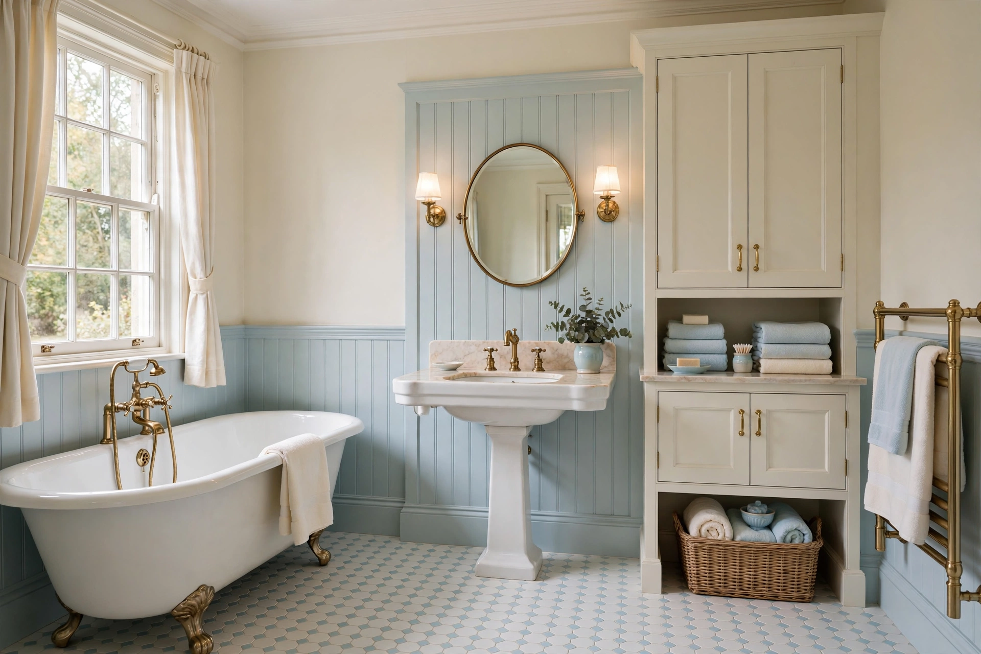 Traditional bathroom in soft cream, pale blue and warm white with classic details