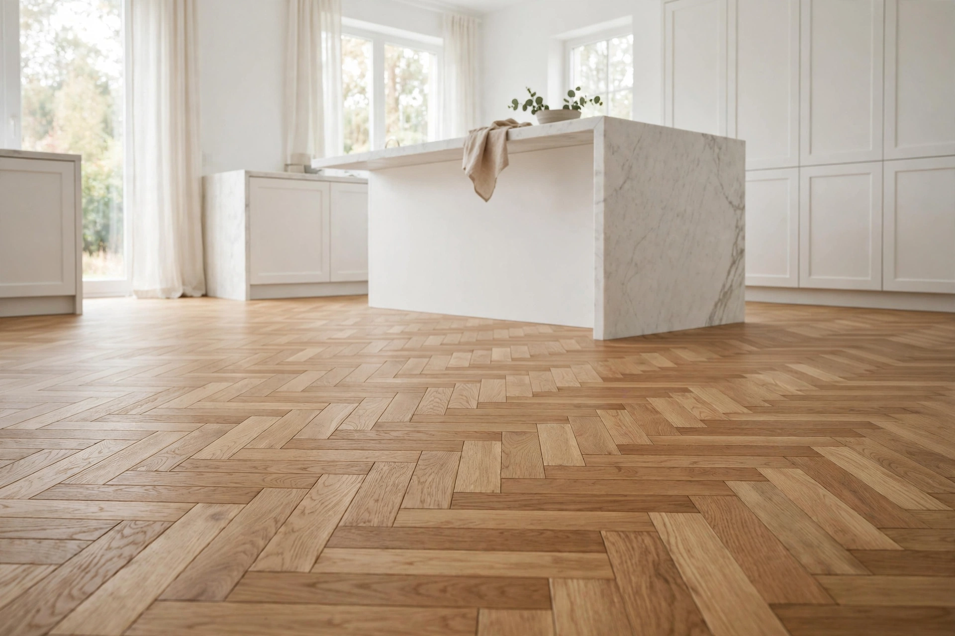 White kitchen with oak herringbone wood flooring