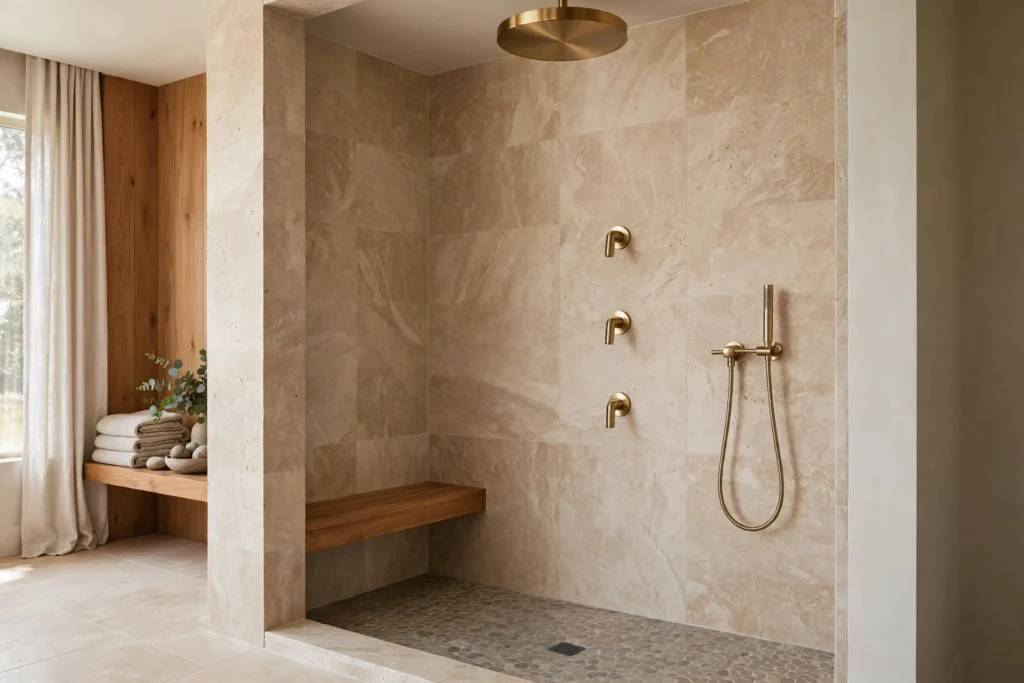 Walk-in shower with rain head, body sprays and handheld wand in brushed brass