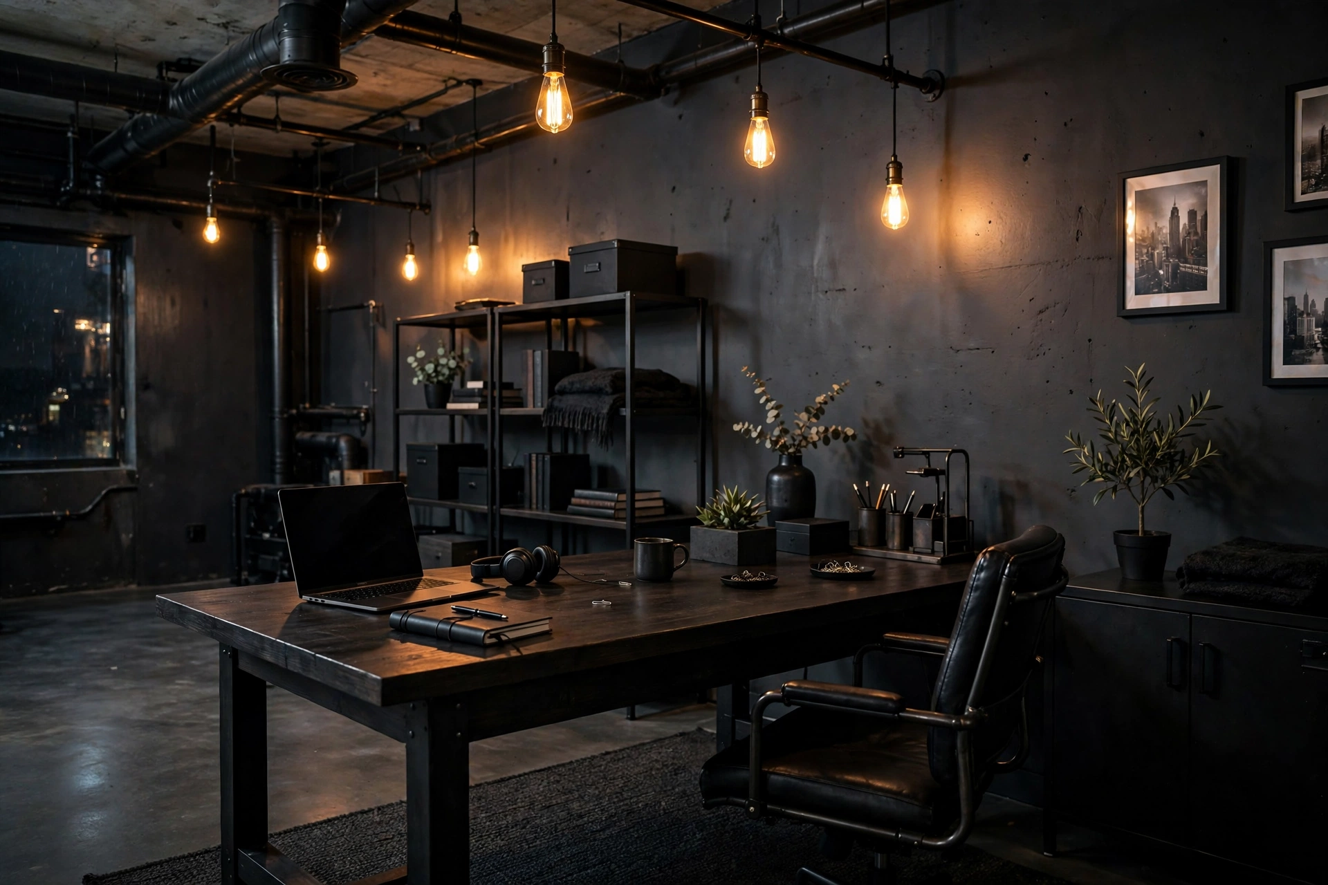 Moody industrial home office with charcoal walls, dark furniture and warm lighting