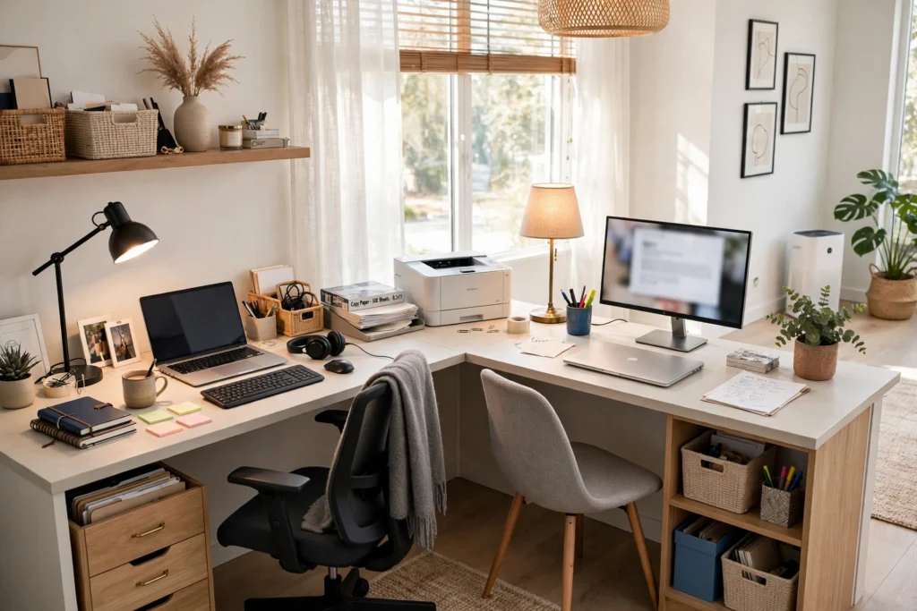 L-shaped corner desk with two workstations in a small shared home office