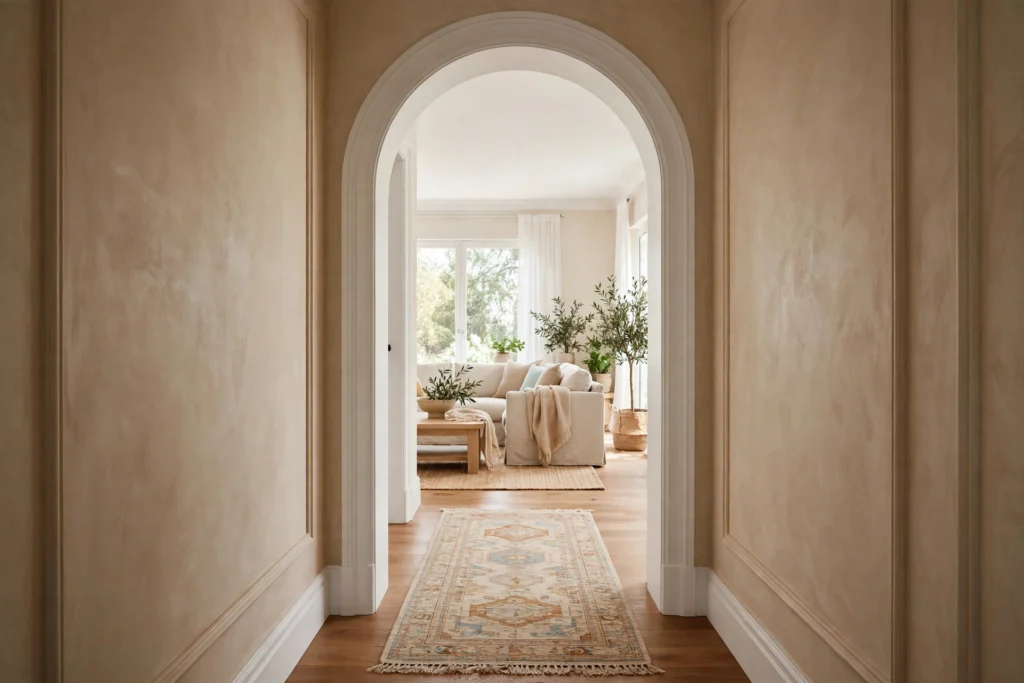 Arched doorway opening from a hallway into a bright living room