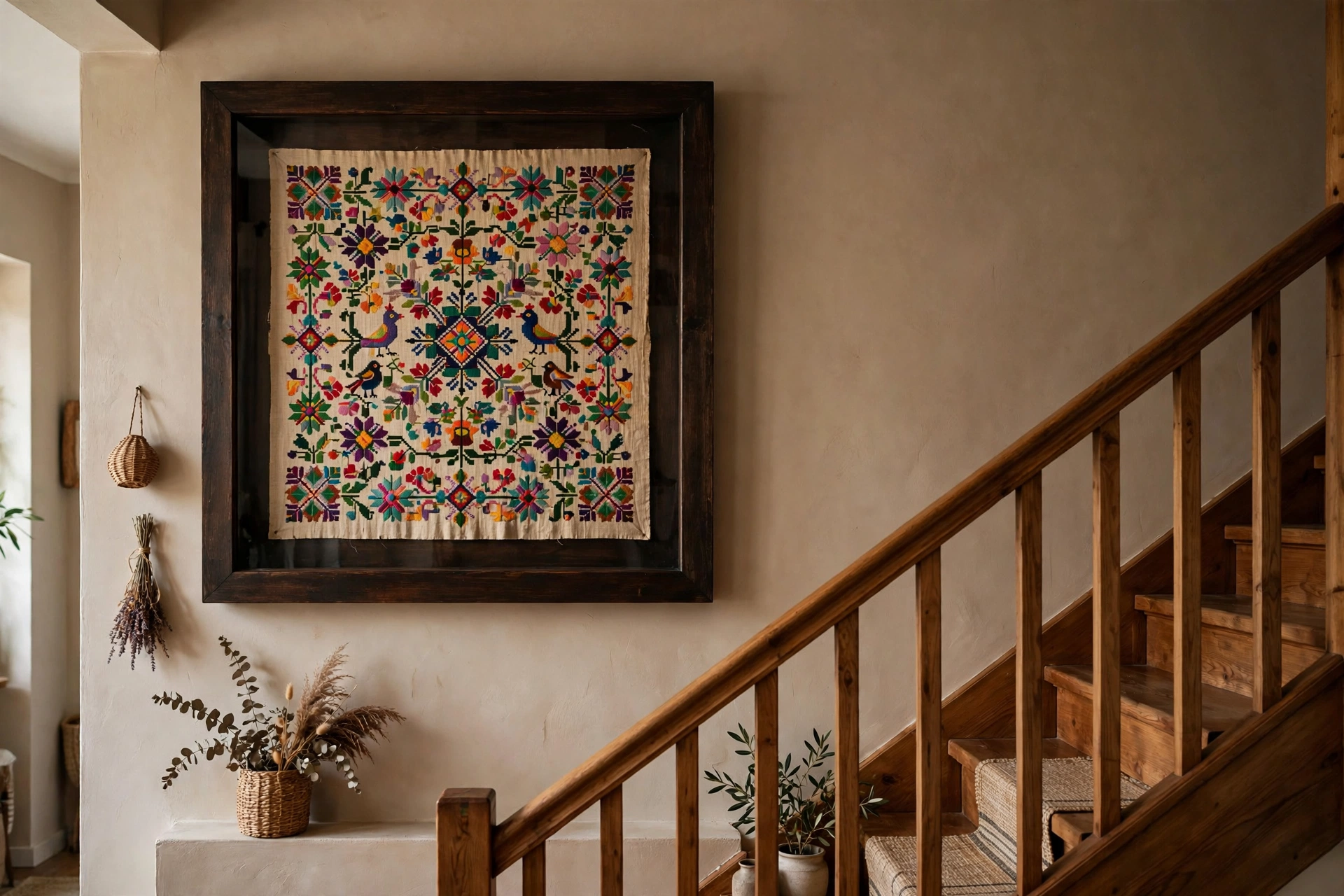 Vintage embroidered textile art in a shadow-box frame hanging on a staircase wall
