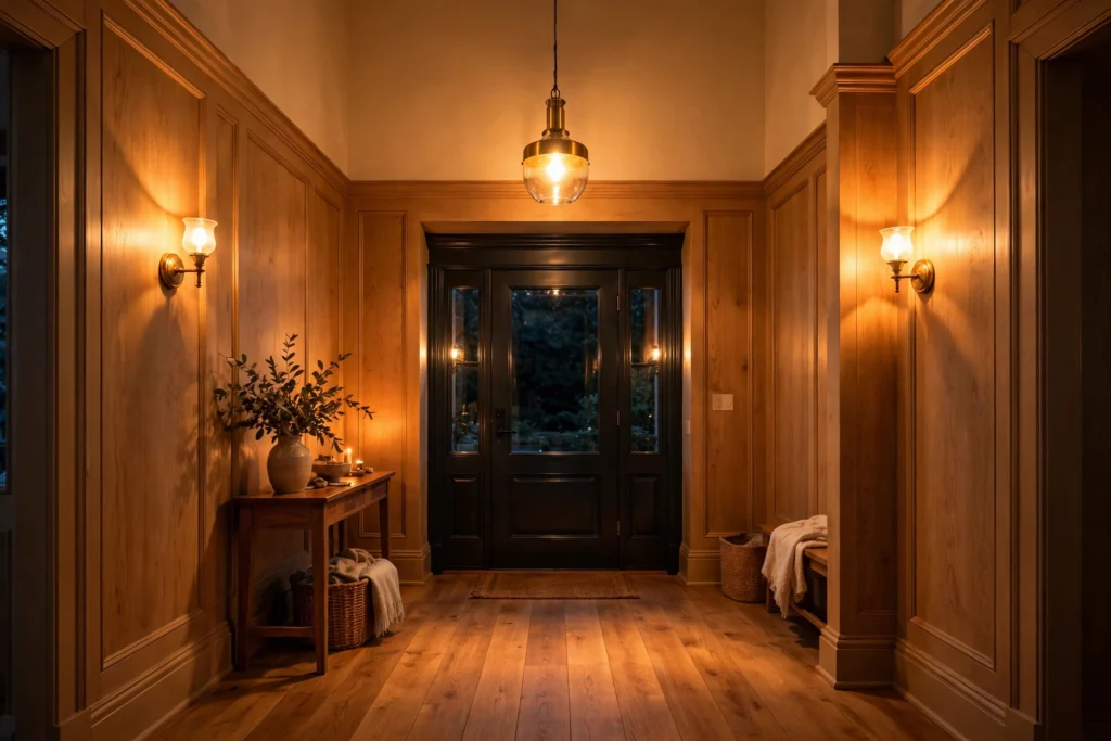 Entryway lighting ideas with warm 2700K bulbs casting a golden glow over the foyer