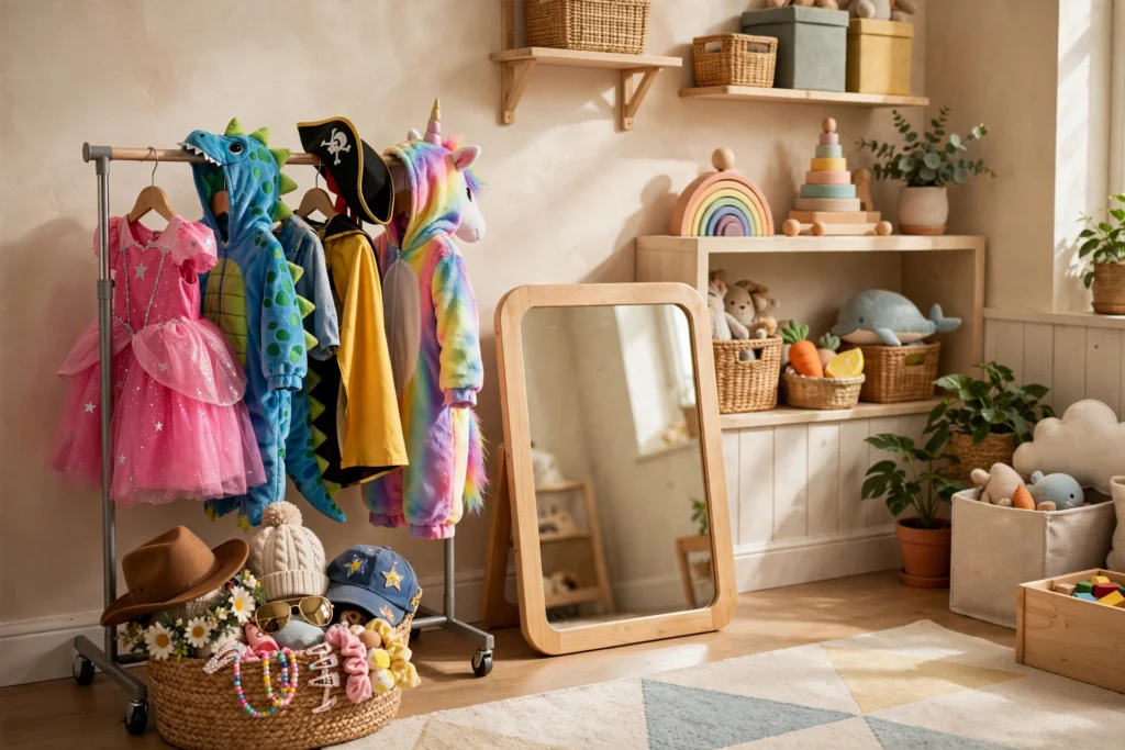Playroom design ideas with a dress-up corner, costume rack and shatterproof mirror