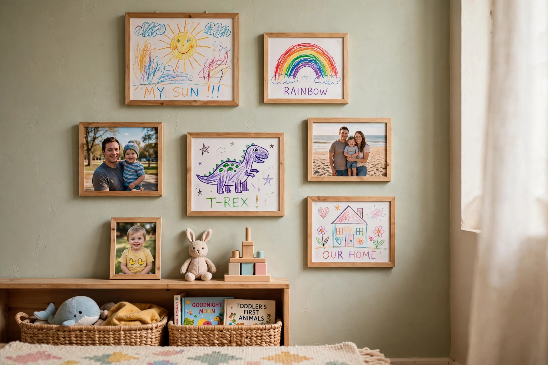Toddler bedroom design ideas with kids artwork hung low at toddler eye level
