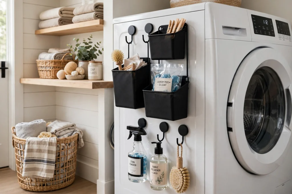 Magnetic storage bins and hooks holding supplies on the side of a washing machine