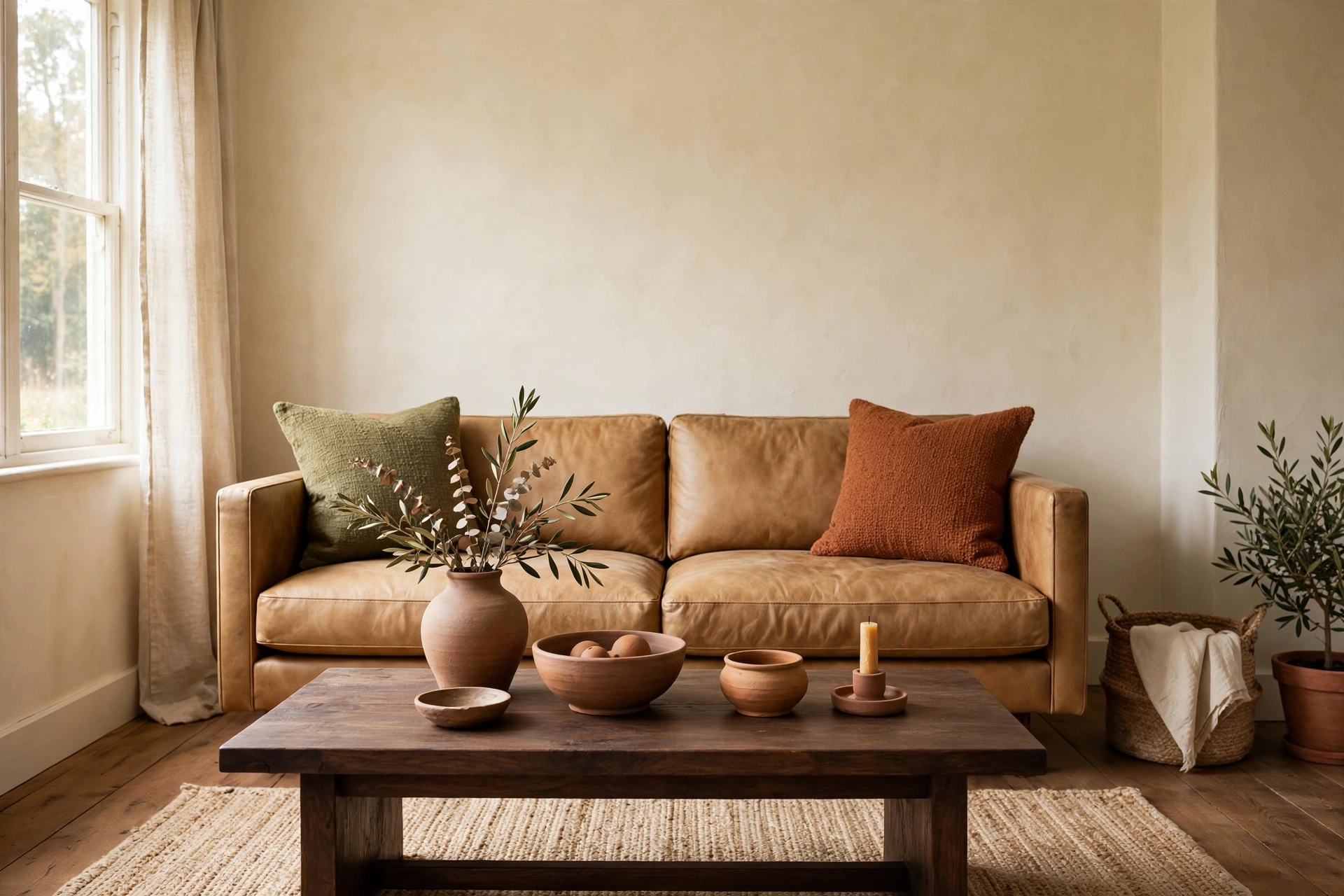 Rustic living room in earthy tones with camel leather sofa and clay ceramics