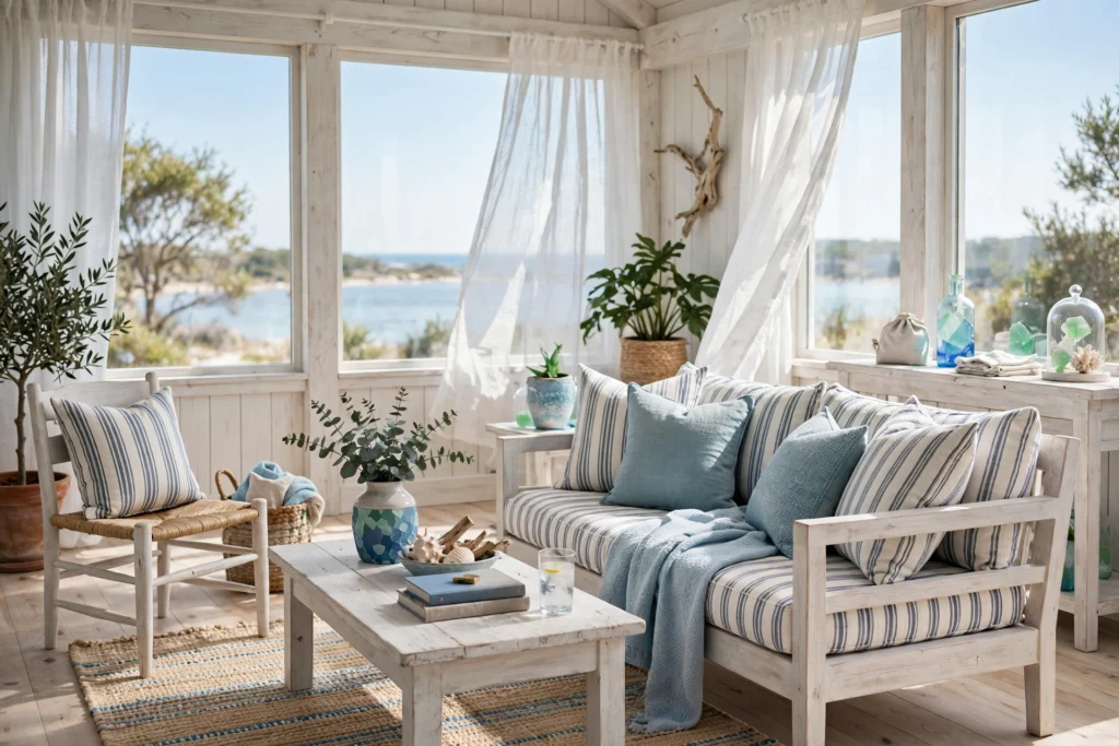 Sunroom with coastal breezy accents, striped linen cushions and sea-glass blue tones