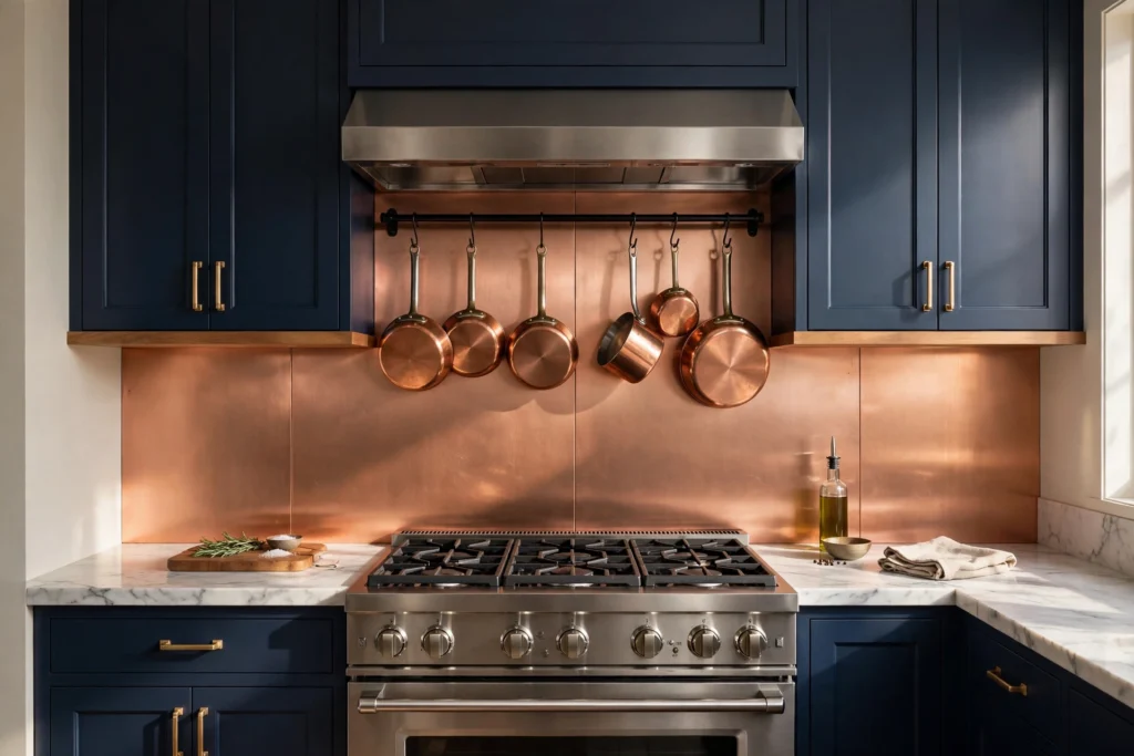 Kitchen backsplash ideas with brushed copper sheet panels behind a range in a navy kitchen.