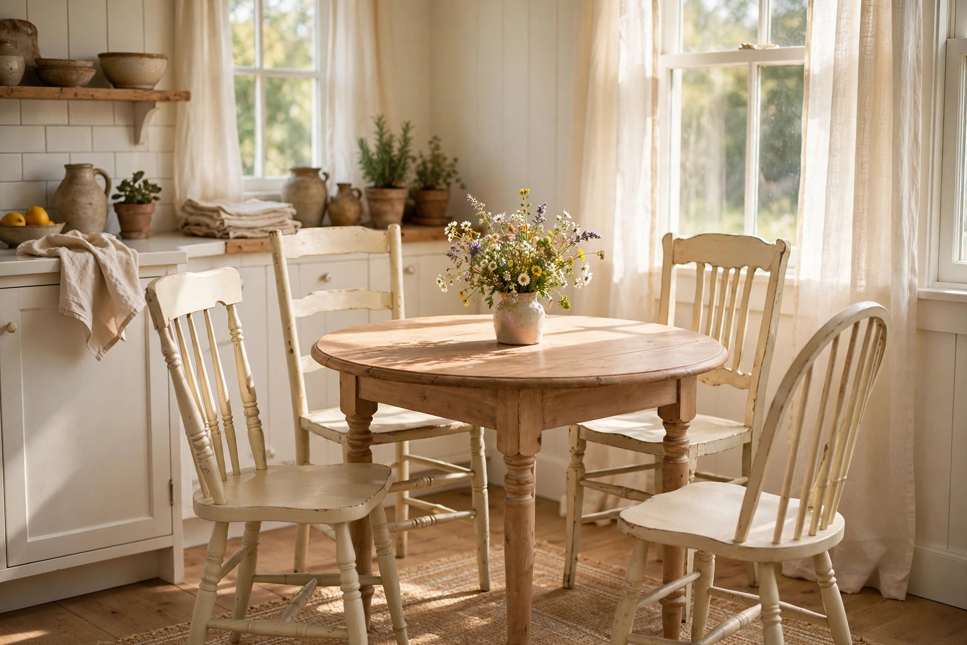 Breakfast nook ideas with mismatched vintage chairs painted one color around a wood table.