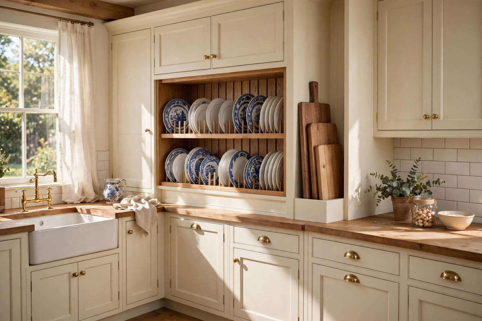 Open kitchen shelving ideas with a built-in plate rack displaying dishes on edge.
