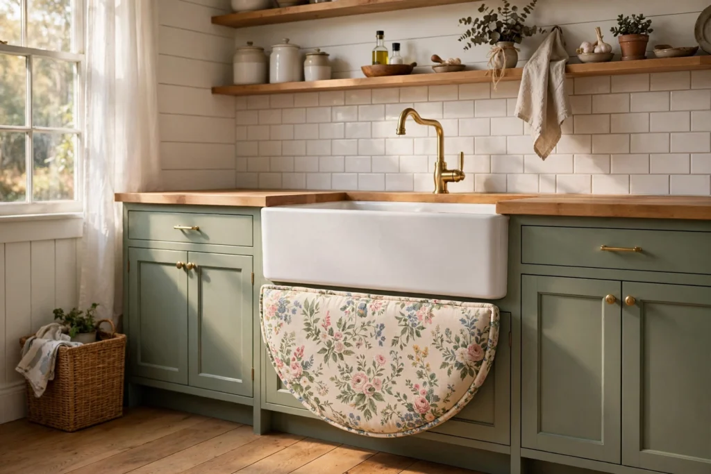 Kitchen rug ideas with a half-moon cushioned mat at a white farmhouse sink.