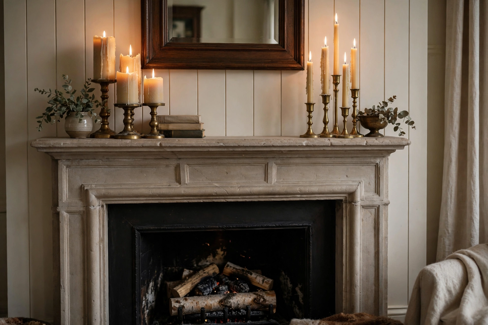 Fireplace mantel decor ideas with clustered pillar candles in brass holders.