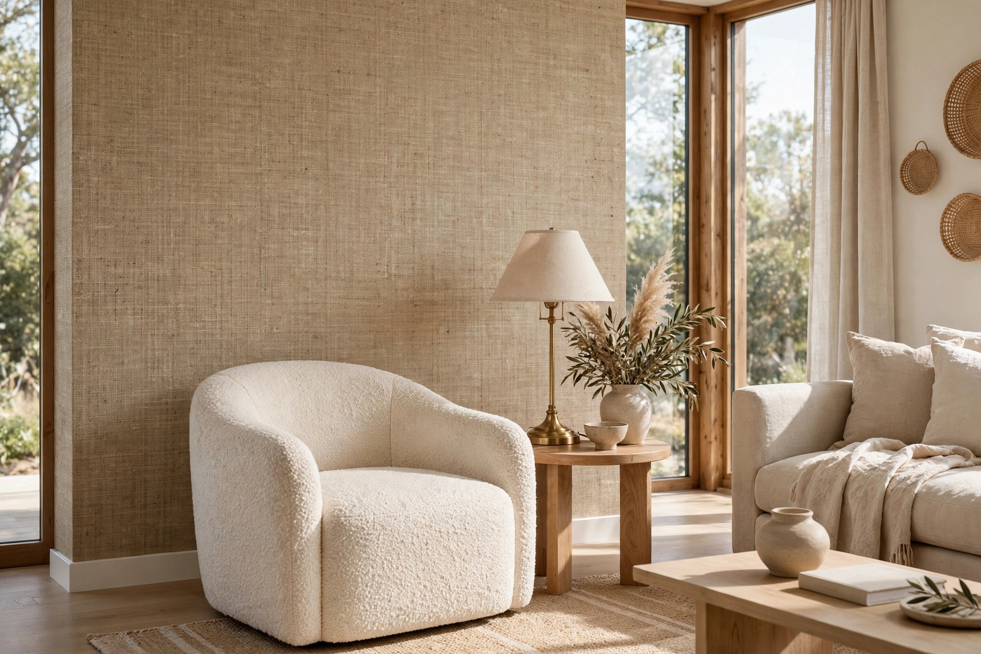Living room accent wall ideas with woven natural grasscloth wallpaper behind a boucle armchair and brass lamp.