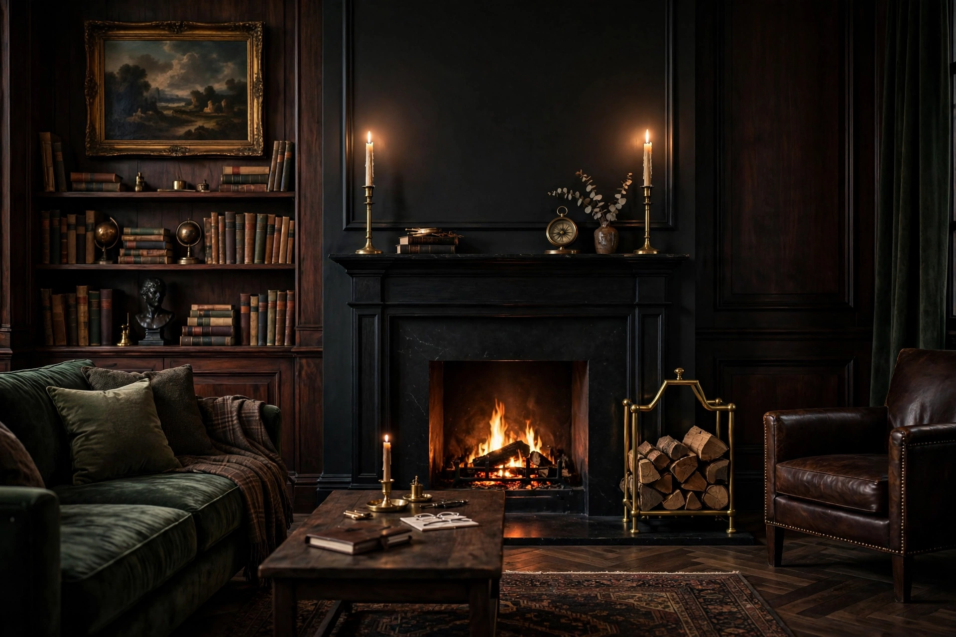 Dark academia living room with a black fireplace surround, brass log holder, and candlesticks on the mantel.