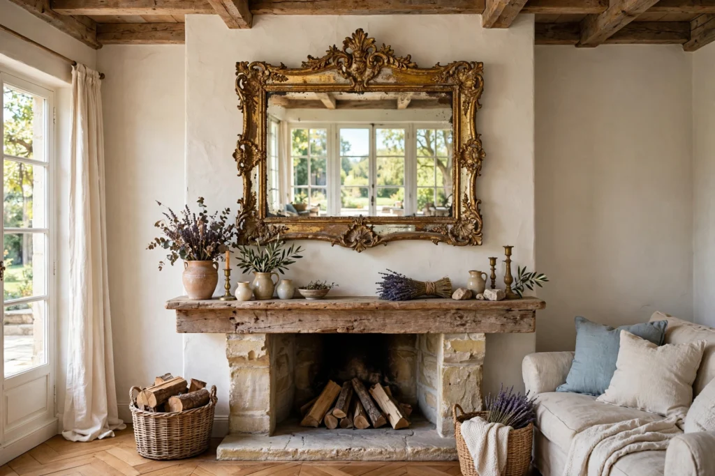 French country living room with an ornate aged-gold mirror above the mantel reflecting soft daylight.
