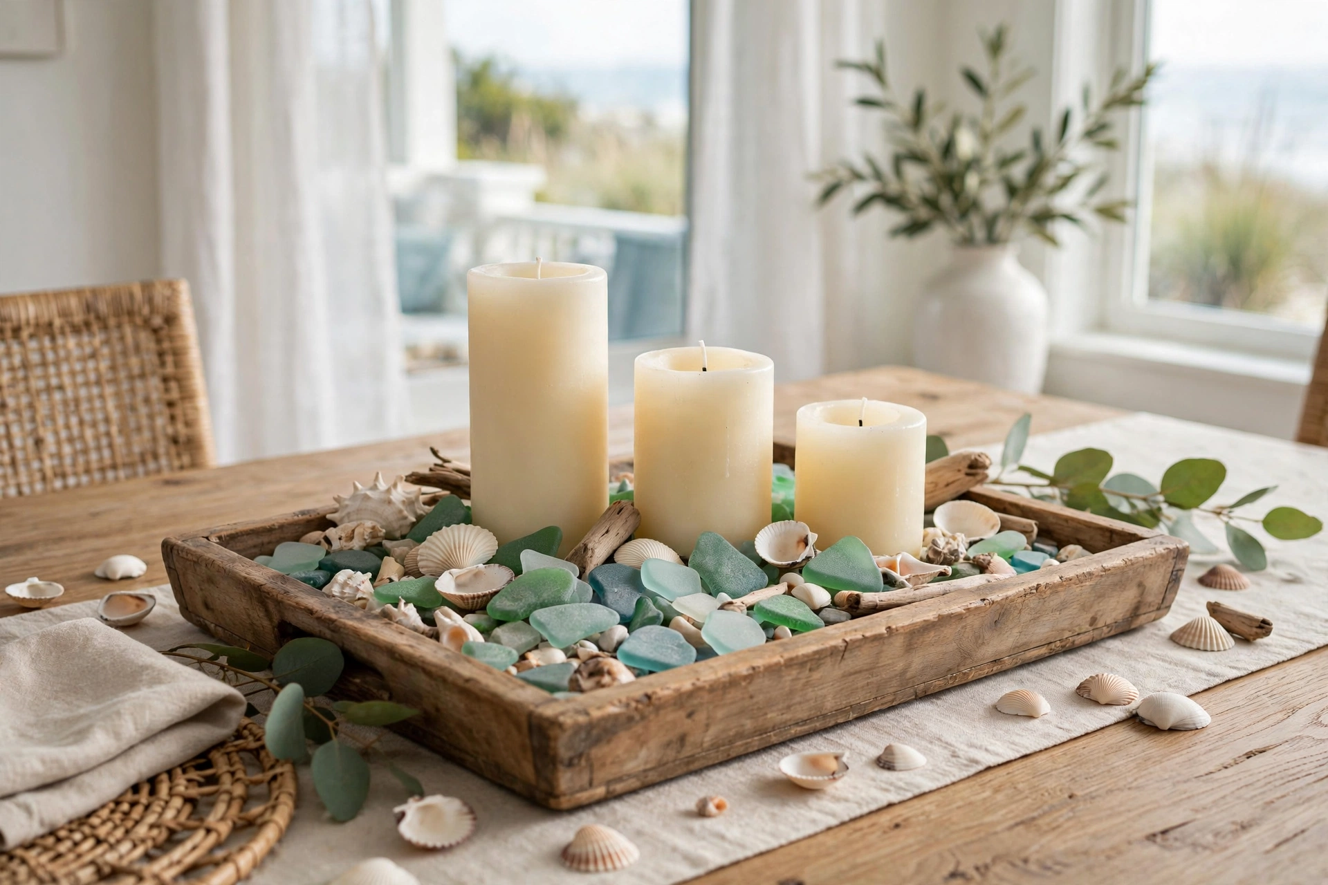 Coastal dining room ideas with a low wooden tray centerpiece of sea glass, shells, and pillar candles.