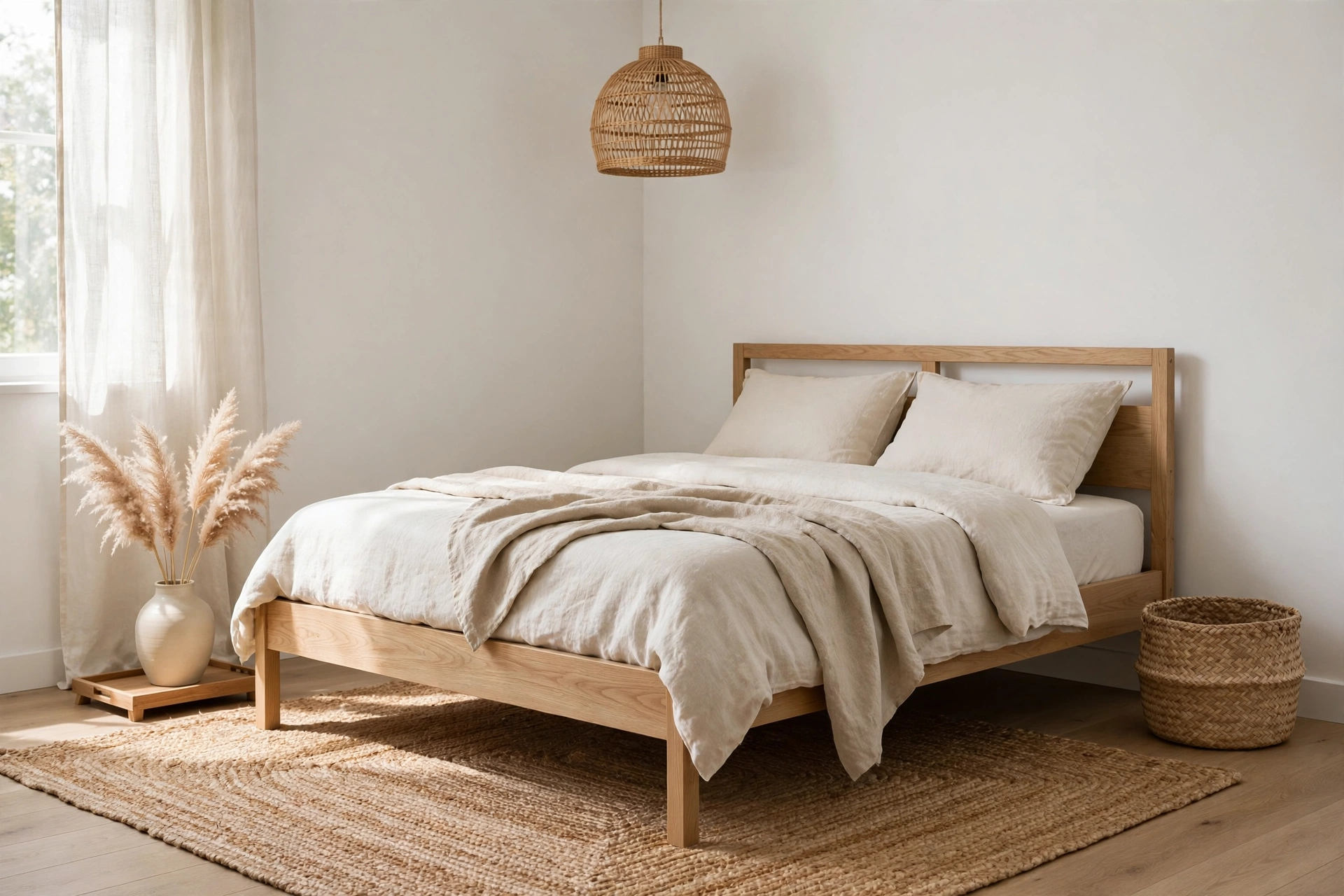 Jute rug, rattan shade and seagrass basket adding natural texture to a bedroom