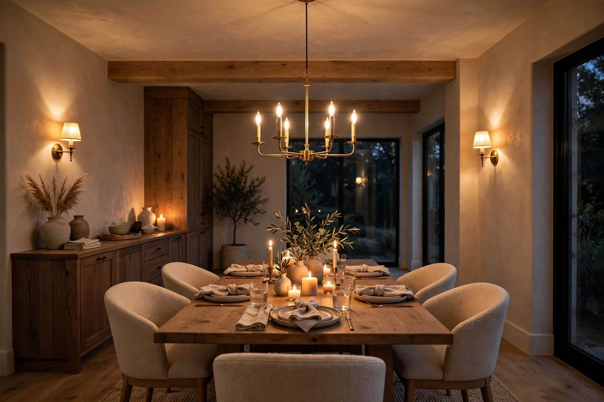 Dining room lighting ideas layering a chandelier, wall sconces, and candles for ambient, task, and accent light.