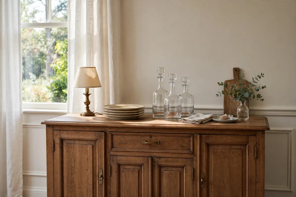 Traditional wooden sideboard styled as a serving station with decanters, stacked chargers, and a small lamp.