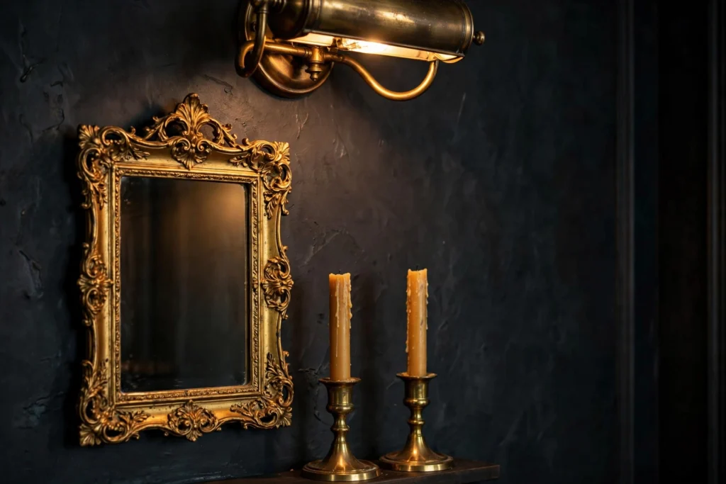 Close-up of brass candlesticks, an antique gold mirror frame, and bronze picture light on a dark bedroom wall.
