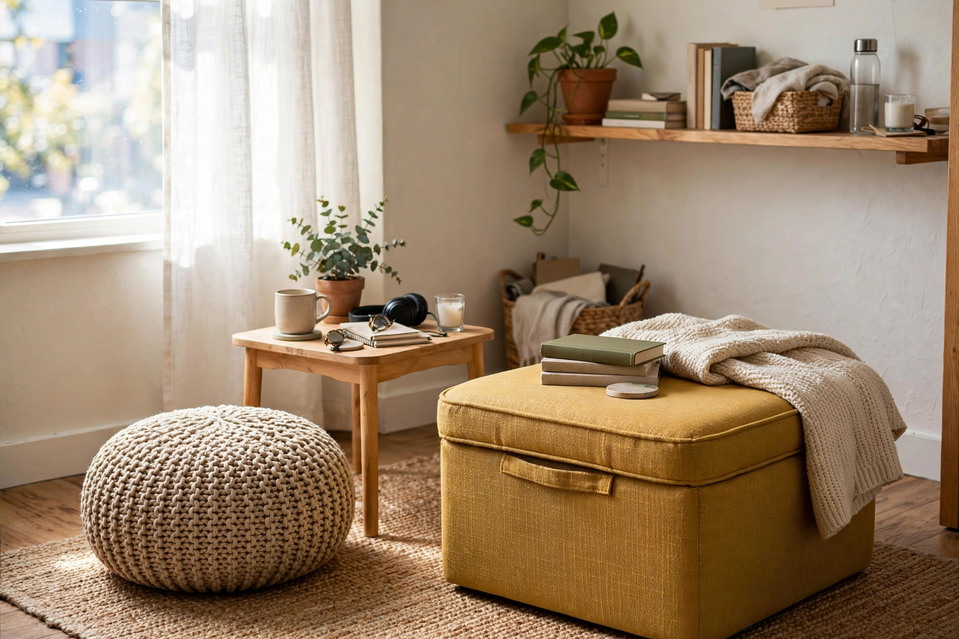 Dorm room corner with a mustard storage ottoman, floor pouf, and small side table for hanging out.