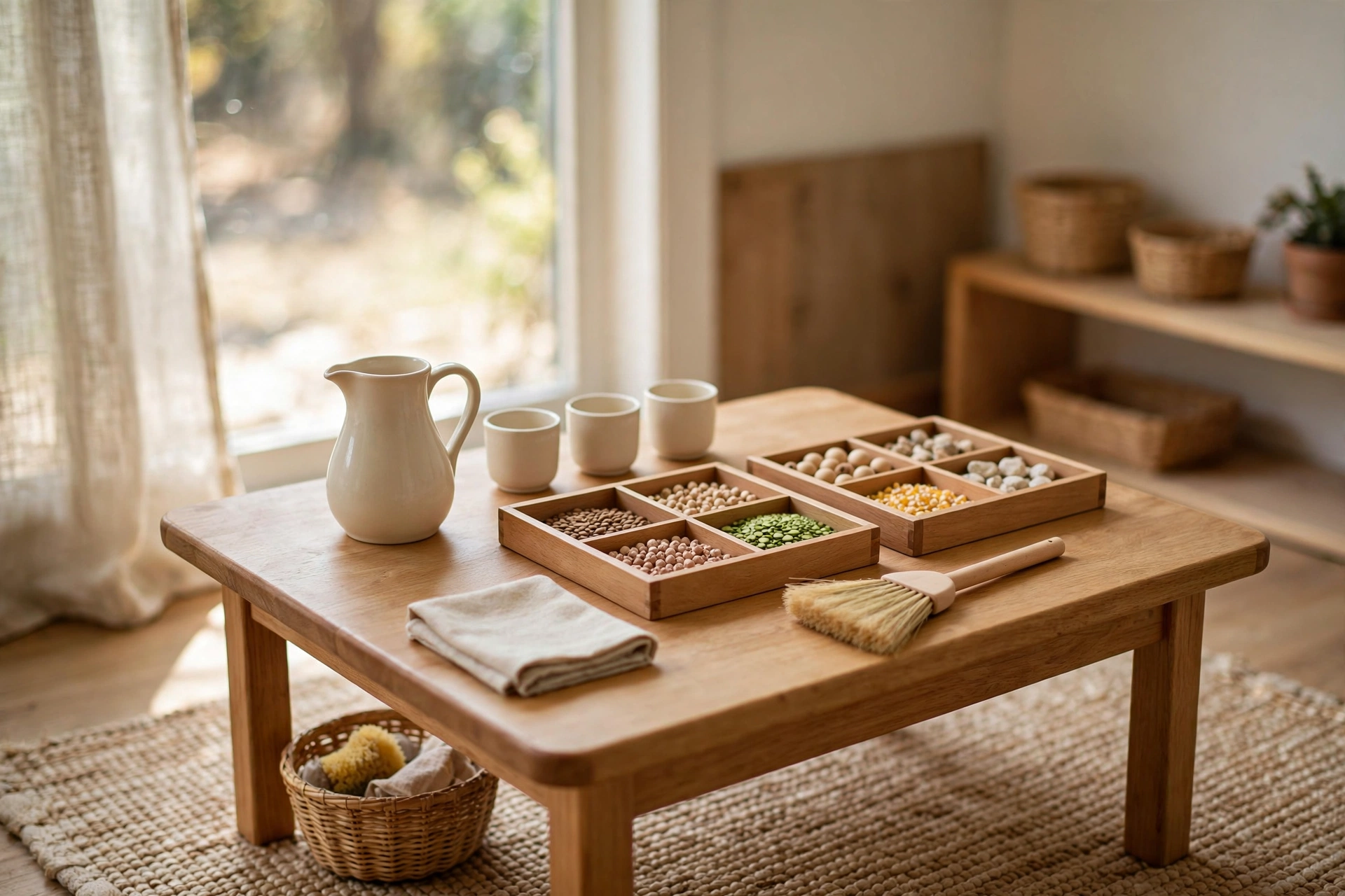 Montessori practical life corner with a child-sized pitcher and cups, tiny broom, and sorting trays on a low table.