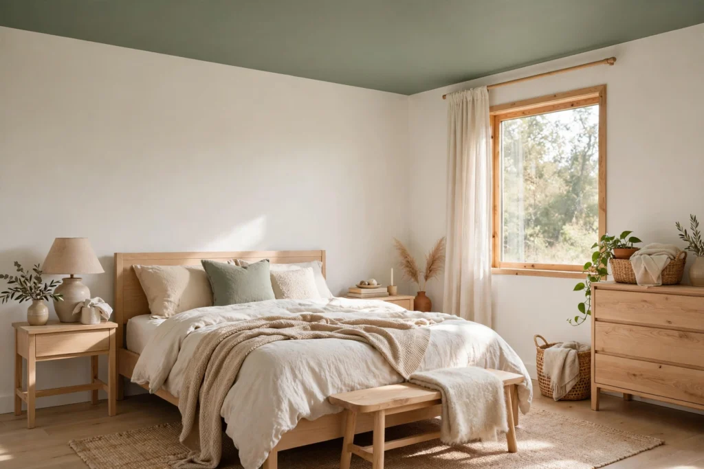 Bedroom with a sage green ceiling, warm white walls, and light wood furniture creating a cocooning calm feel.
