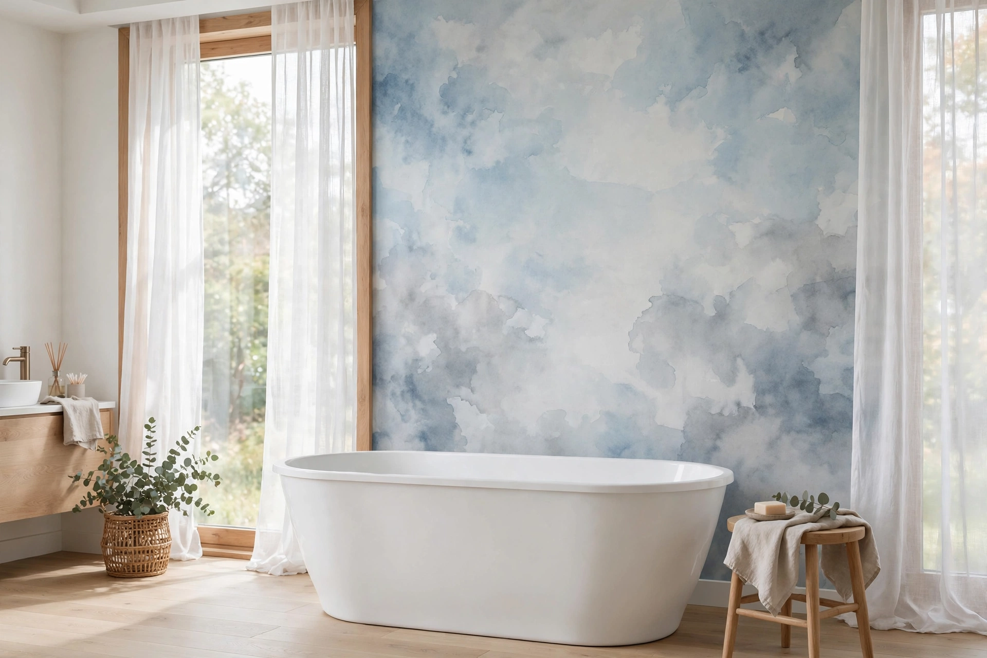 Watercolor wash bathroom wallpaper with soft blue and gray painterly gradients behind a freestanding tub.
