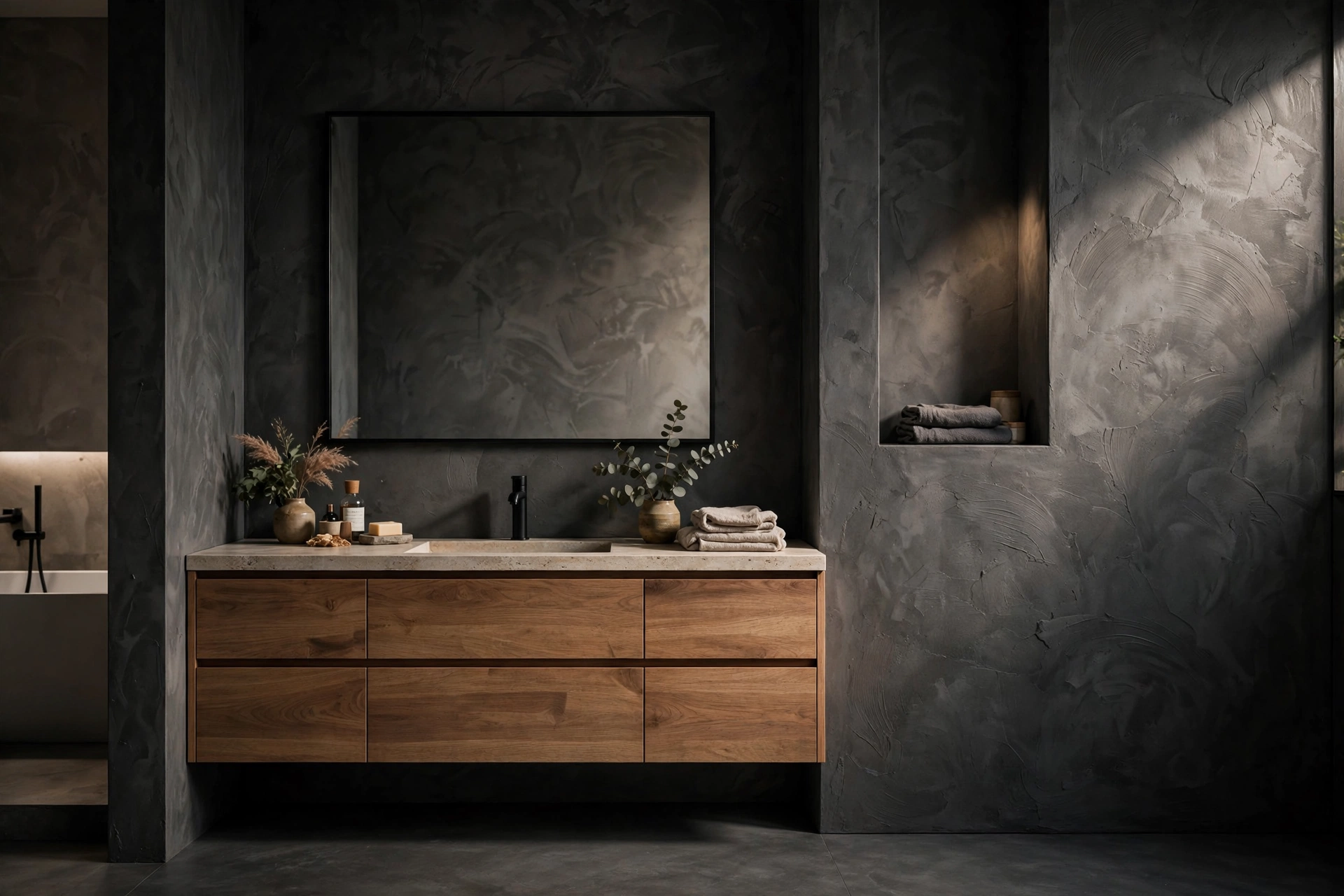 Dark concrete bathroom walls with subtle trowel texture, wood accents, and soft directional lighting.