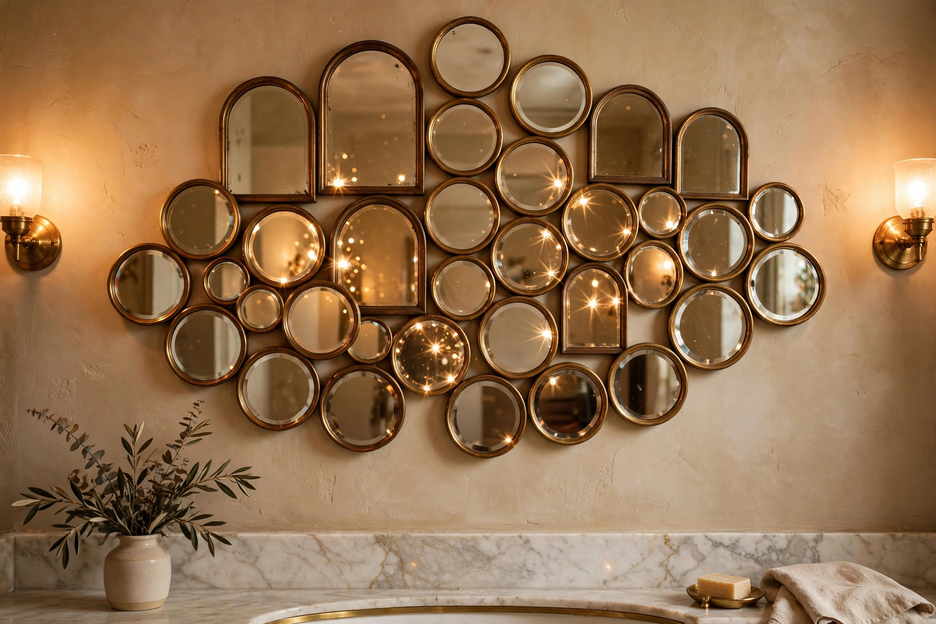 Bathroom mirror gallery wall with small round and arched mirrors in brass frames clustered together.