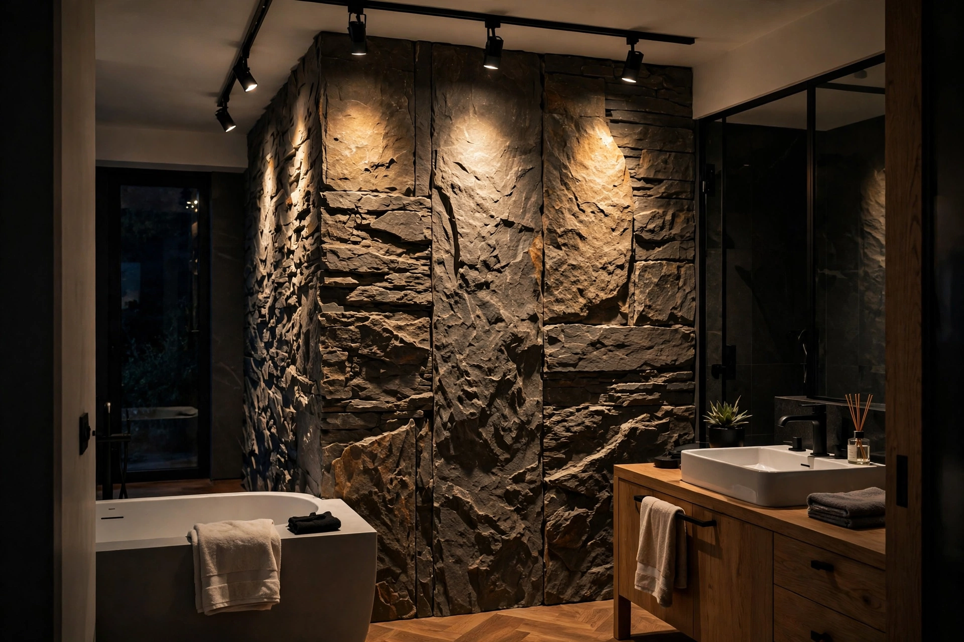Adjustable accent spot lights washing a textured stone feature wall with warm gallery-like light.