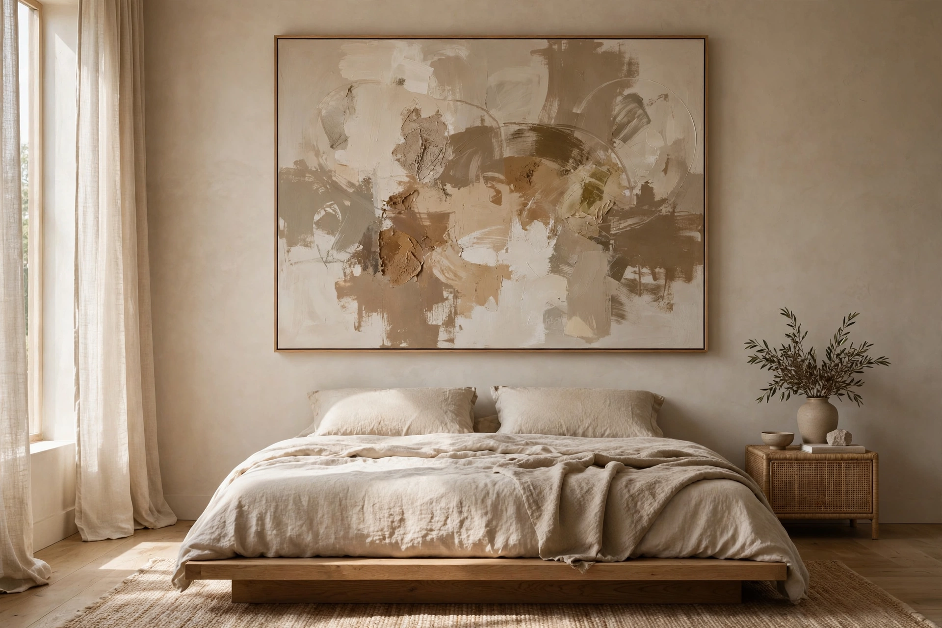 Oversized abstract neutral wall art above bed in Japandi bedroom