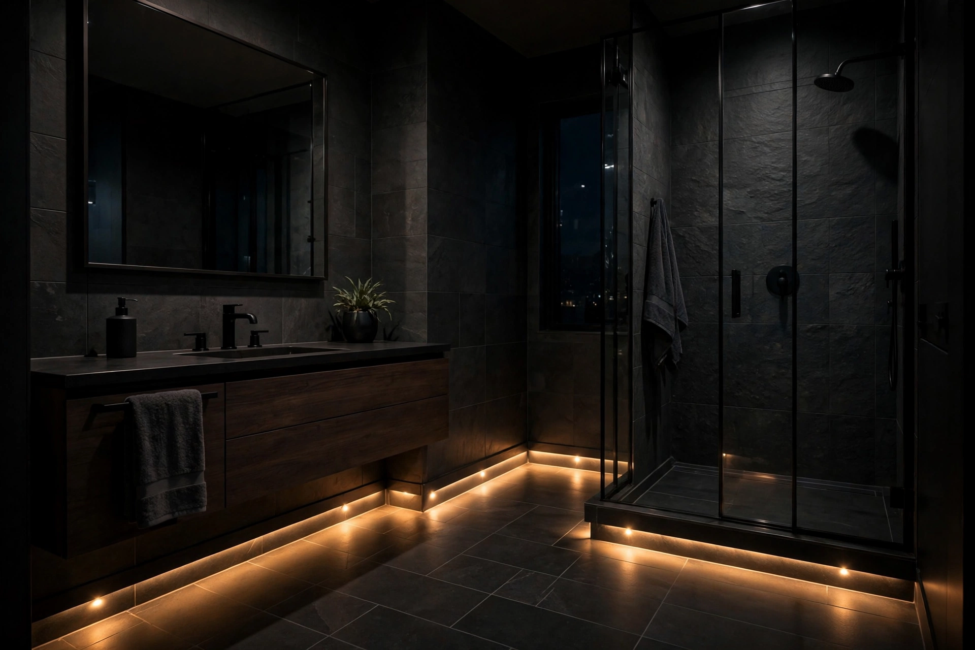 Motion-sensor night lighting glowing softly along a bathroom baseboard for safe midnight visits.