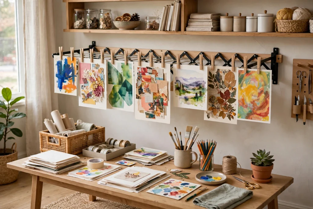 Wall-mounted accordion drying rack holding paintings and collages drying in a craft room.