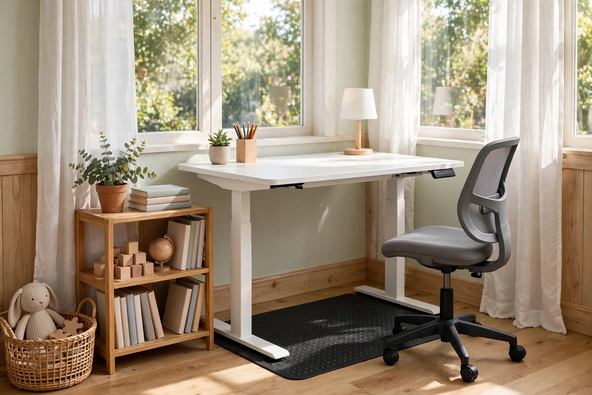 A homeschool room corner with a height-adjustable standing desk and an anti-fatigue mat.