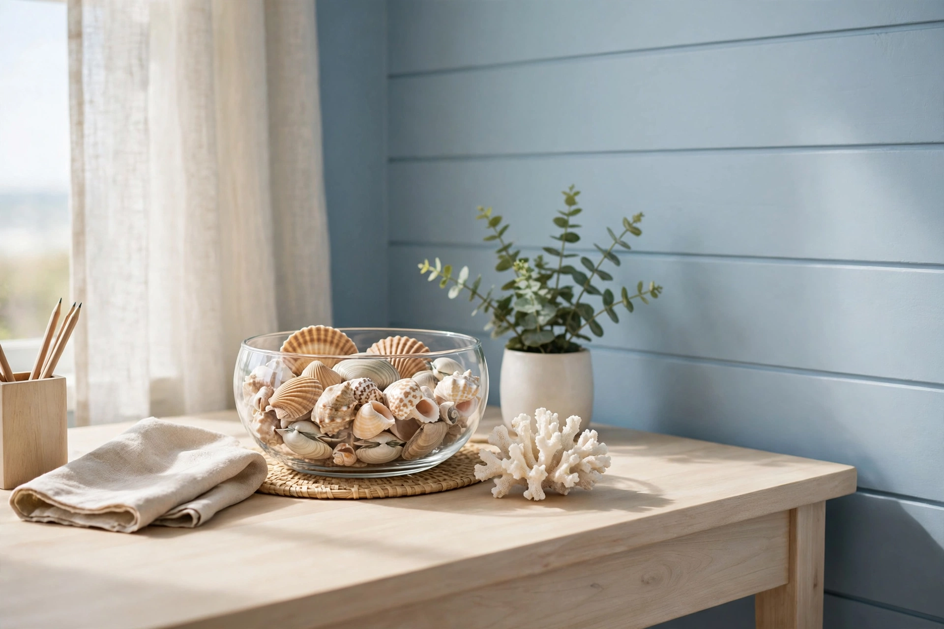 A coastal home office desk corner with a glass bowl of shells and a small coral piece.