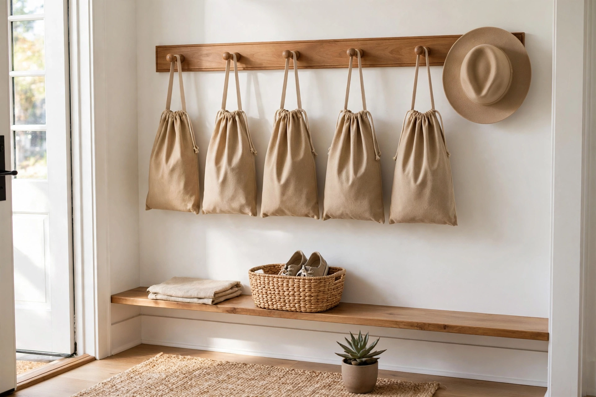 An entryway shoe storage peg rail holding canvas shoe bags, one per peg.
