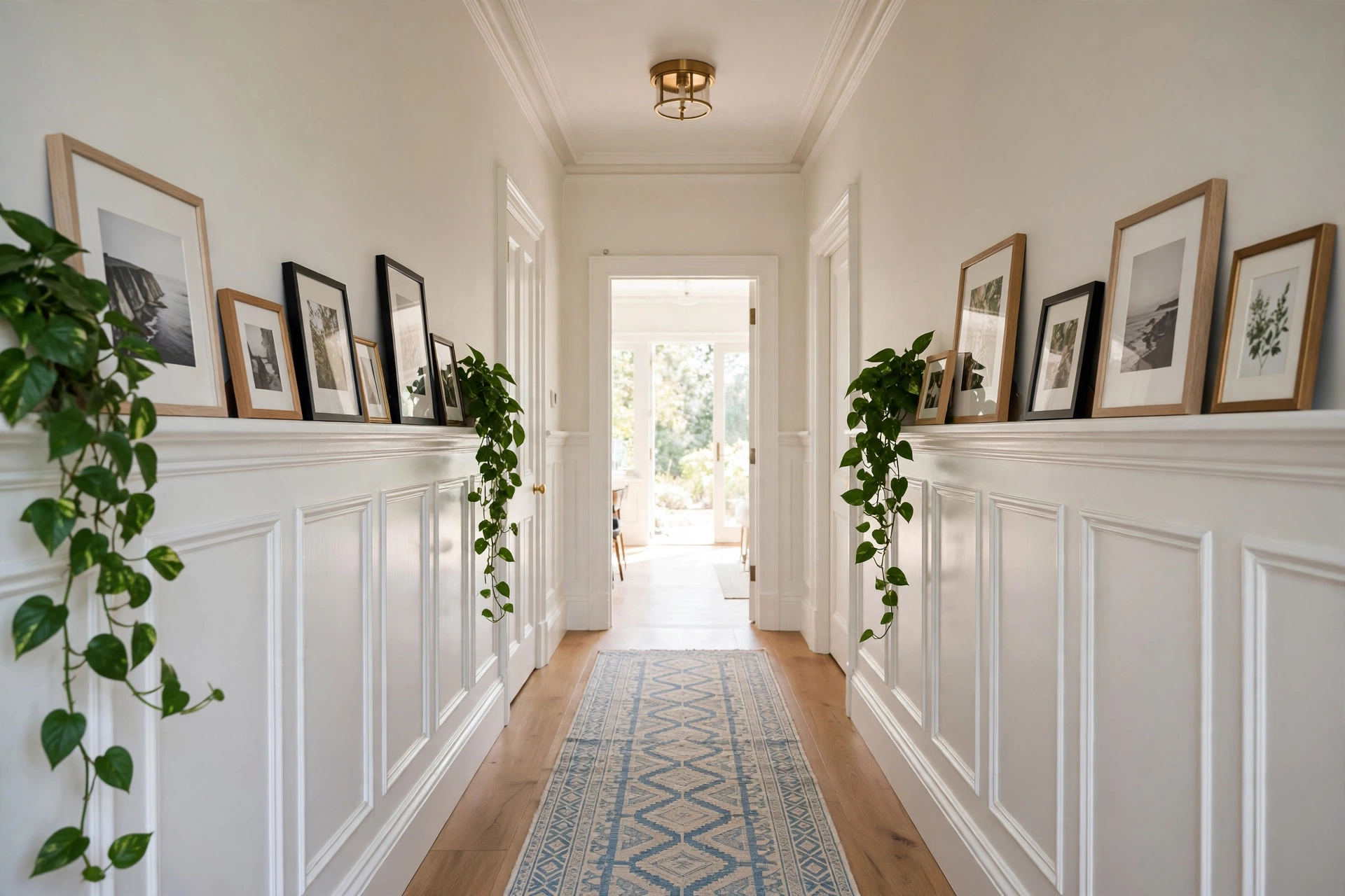 A hallway storage ledge above wainscoting displaying framed photos along the corridor.