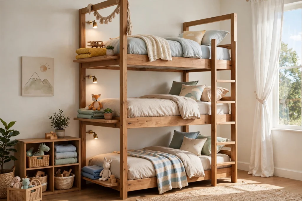 A bunk bed room with a triple sleeper bunk giving each of three kids their own light and shelf.