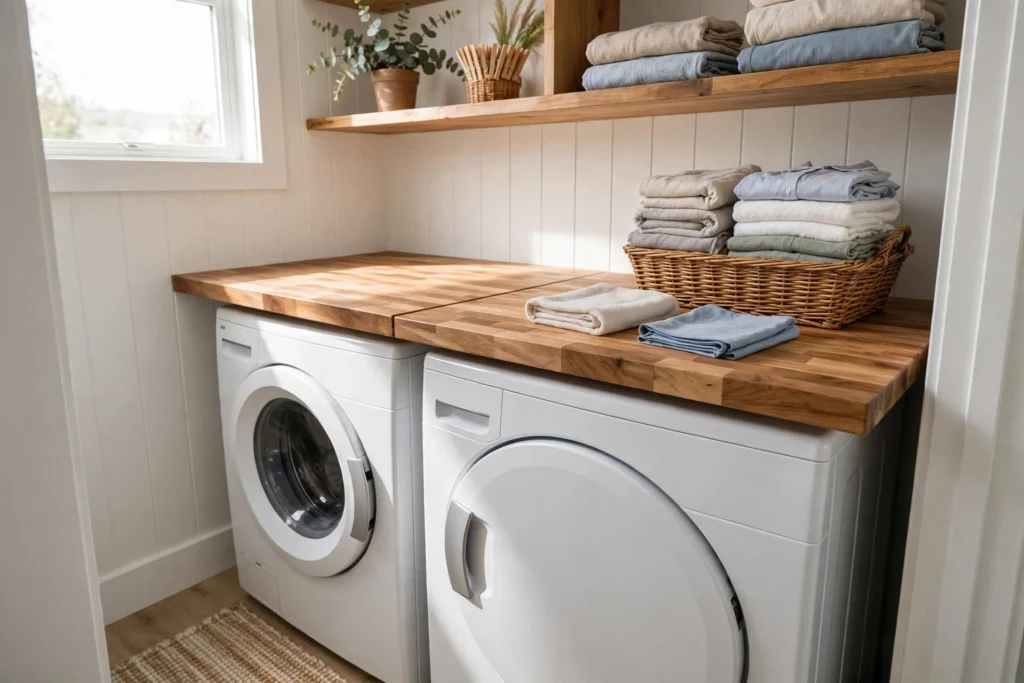 Laundry closet ideas showing a butcher-block counter spanning side-by-side washer and dryer as a folding station.