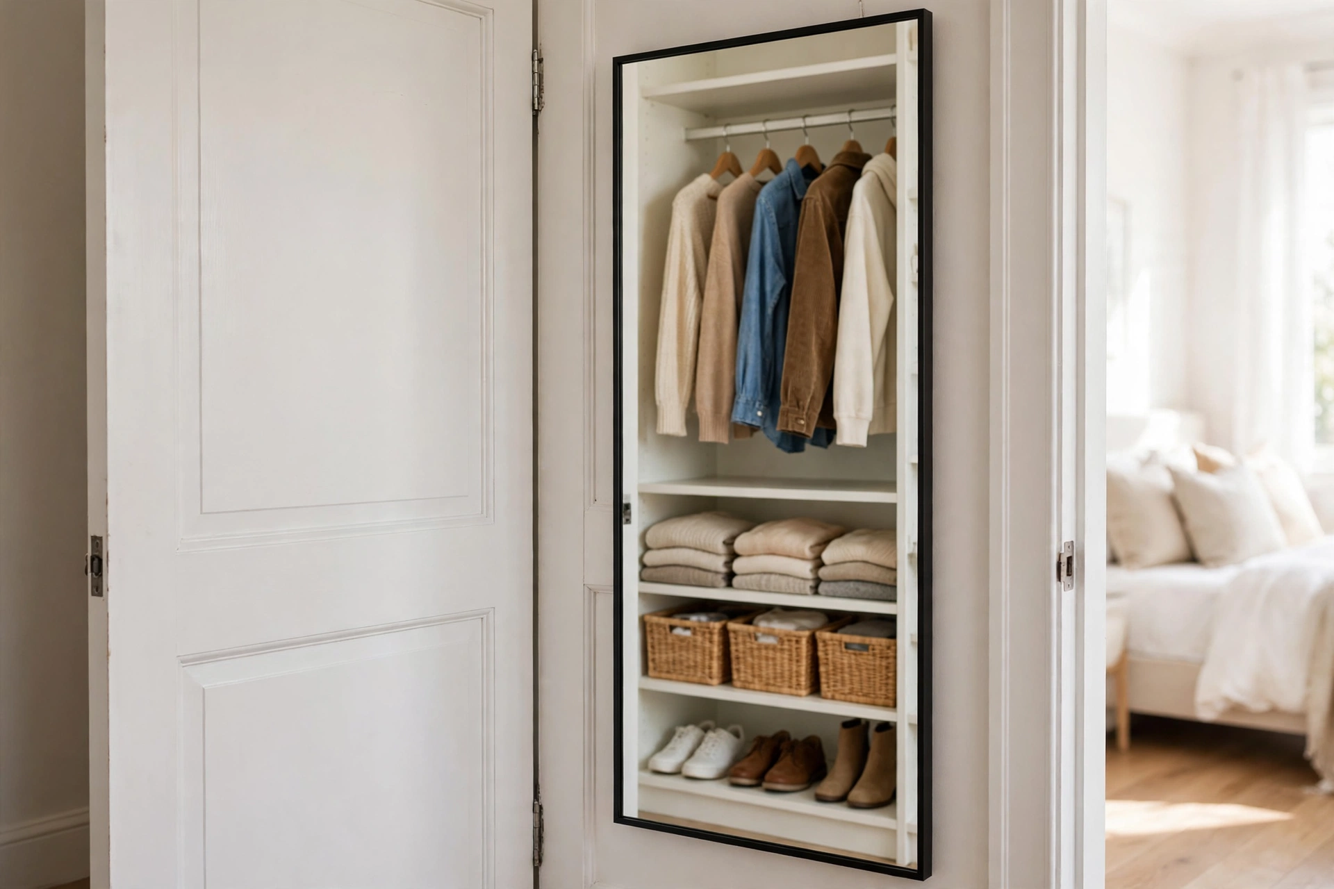 Reach-in closet ideas featuring a full-length mirror mounted on the inside of the closet door.